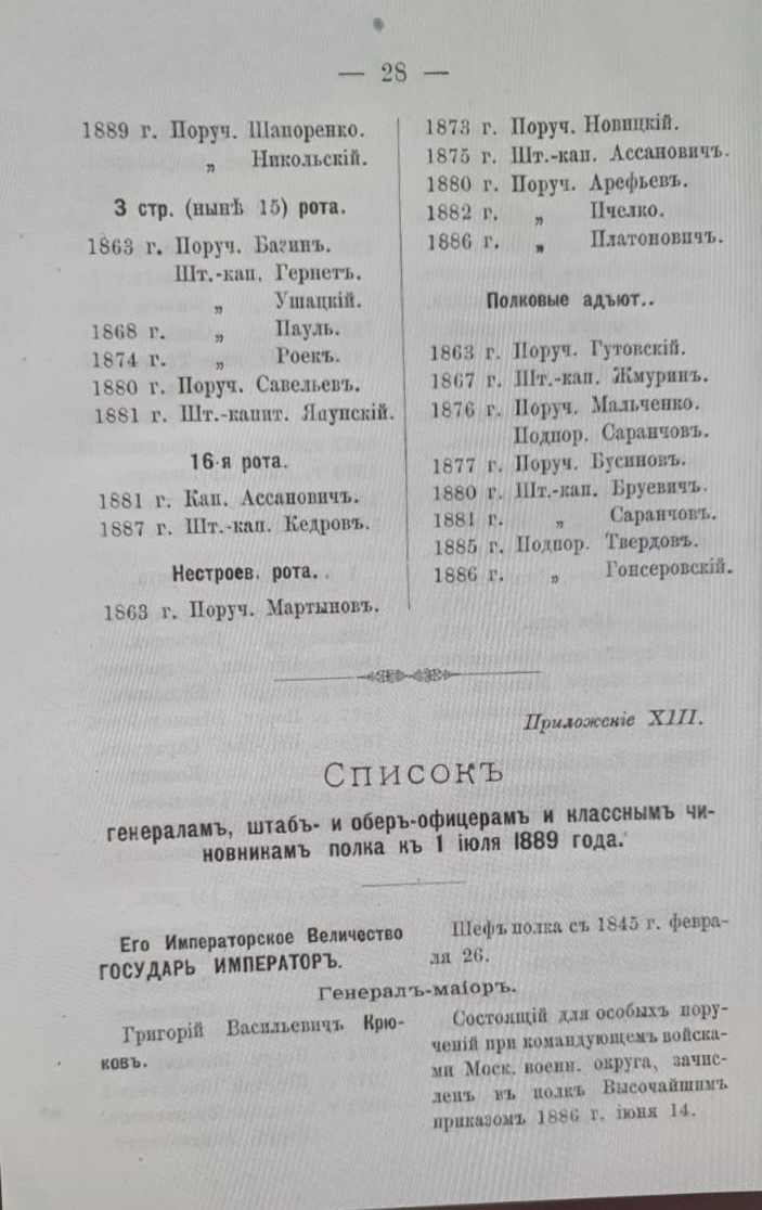 Список генералам, штаб- и обер-офицерам и классным чиновникам полка к 1 июля 1889 года. Его Императорское Величество Государь Император. Шеф полка с 1845 г. февраля 26.
Генерал-майор. Григорий Васильевич Крюков. Состоящий для особых поручений при командующем войсками Московского военного округа, зачислен в полк Высочайшим приказом 1886 г. июня 14. Саранчов Е. Е. 12-й Гренадерский Астраханский его величества полк в походно-боевой службе царю и отечеству : Чтения для солдат : [Из истории полка] / По распоряжению начальства сост. кап. Саранчов. — Москва : типо-лит. т-ва И. Н. Кушнерев и К°, 1889. — VIII, 3-208, 41 с.
