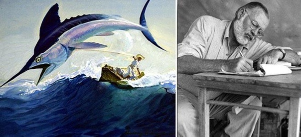 Фото из сети интернет. Эрнест Хумингуэй и иллюстрации к его книге "Старик и море"