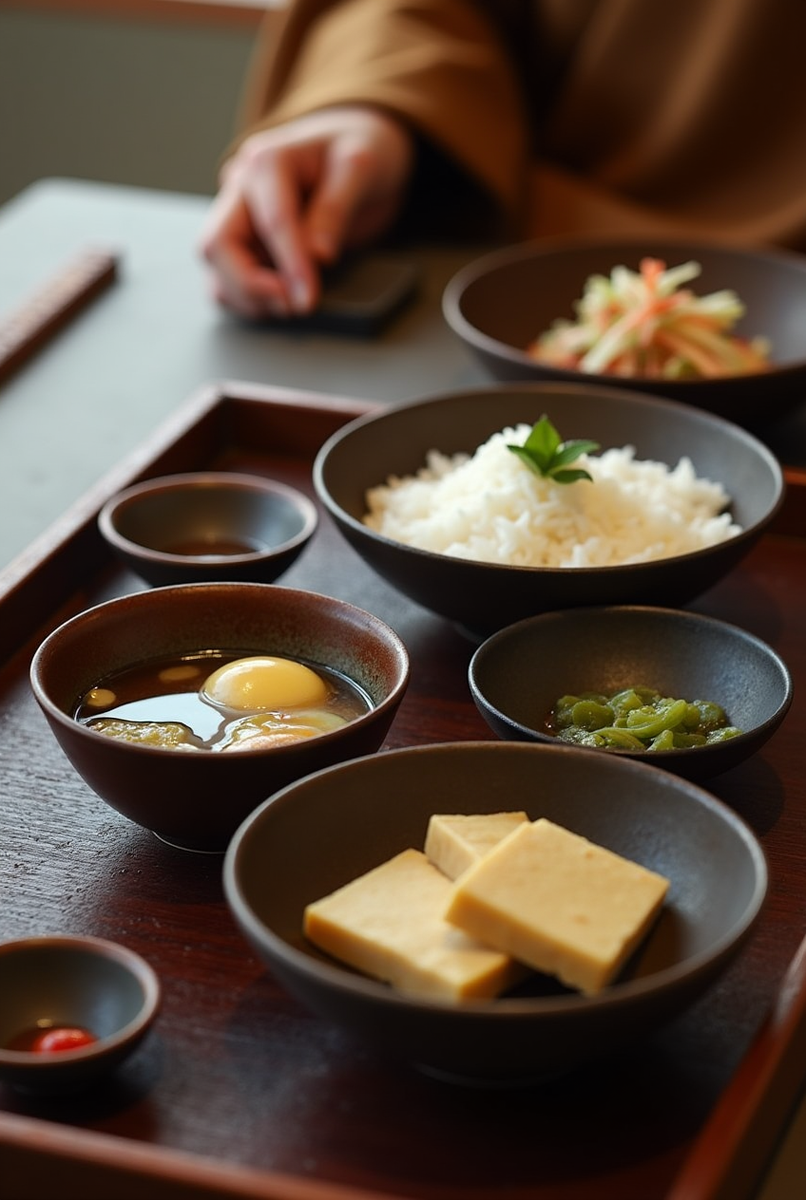 Традиционный монастырский завтрак. Медитативно разложенные мисочки, с разными компонентами трапезы: рис, суп, маринованные овощи, тофу.