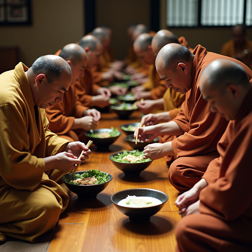 Церемония ōryōki – японские монахи, синхронно принимающих пищу по строгому ритуалу с тремя мисками.