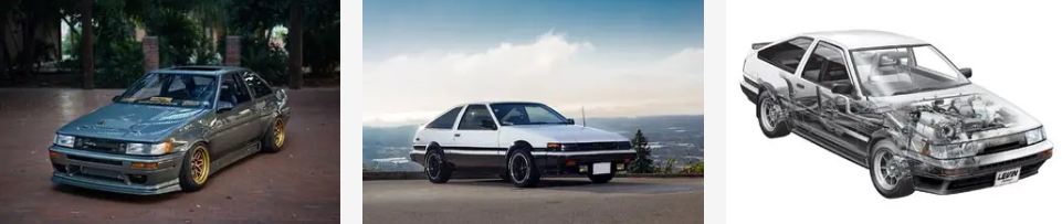 Toyota Corolla Levin (слева и справа) и Sprinter Trueno (в центре) в кузове AE86 (по-японски «хачи-року», то есть «восемь-шесть»). Хэтчбек или двухдверный седан, гордо именовавшийся купе, стали последними на долгие годы заднеприводниками (причем с цельной задней балкой) фирмы, очень популярными в свое время в ралли и кольце и до сих пор культовыми моделями. За создание такой ауры отвечала 1,6-литровая «четверка» 4A-GE, в атмосферной модификации развивавшая всего 130 сил, но благодаря системе изменения геометрии впускного тракта хорошо тянувшая на низах. Немного даже по меркам 80-х, однако и масса машин была менее тонны, а заправлять их в занос помогала опциональная LSD-блокировка дифференциала
