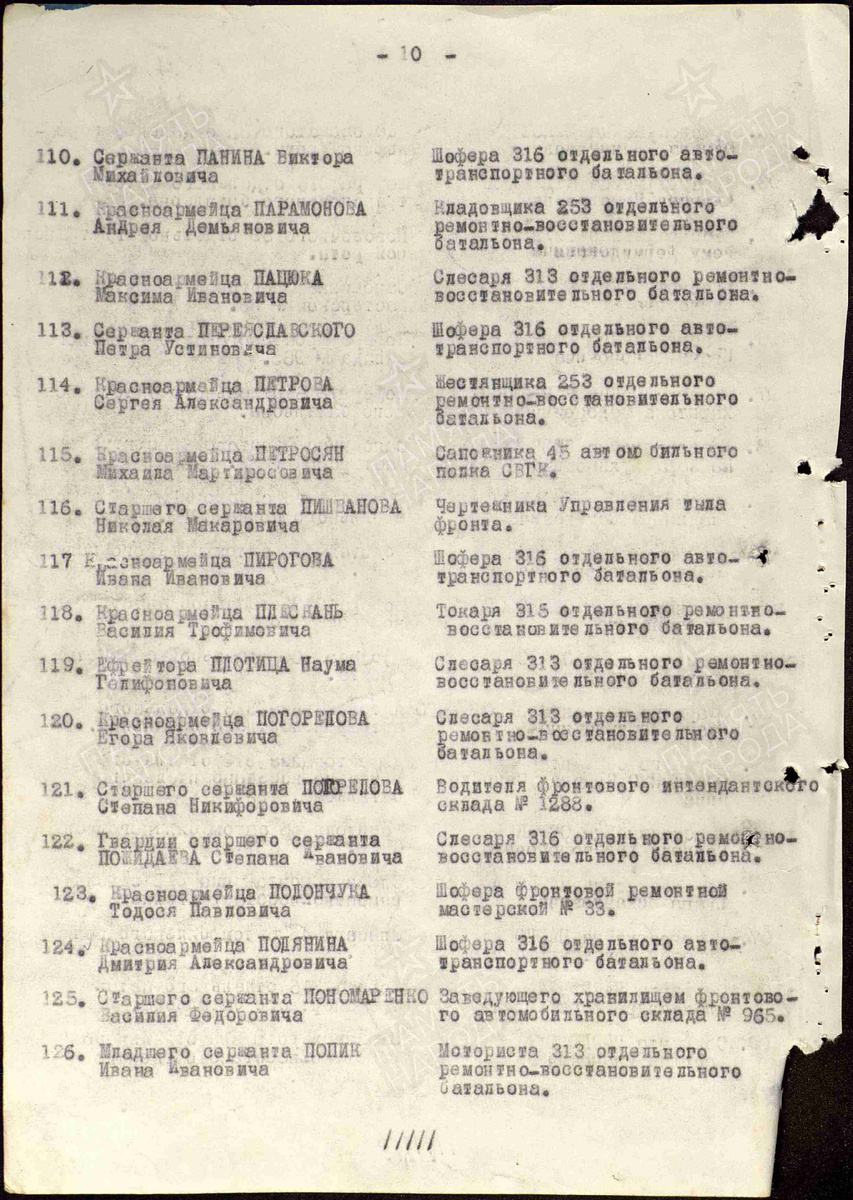 Список награждаемых из приказа. Фамилия деда Пономаренко Василий Федорович под номером 125.