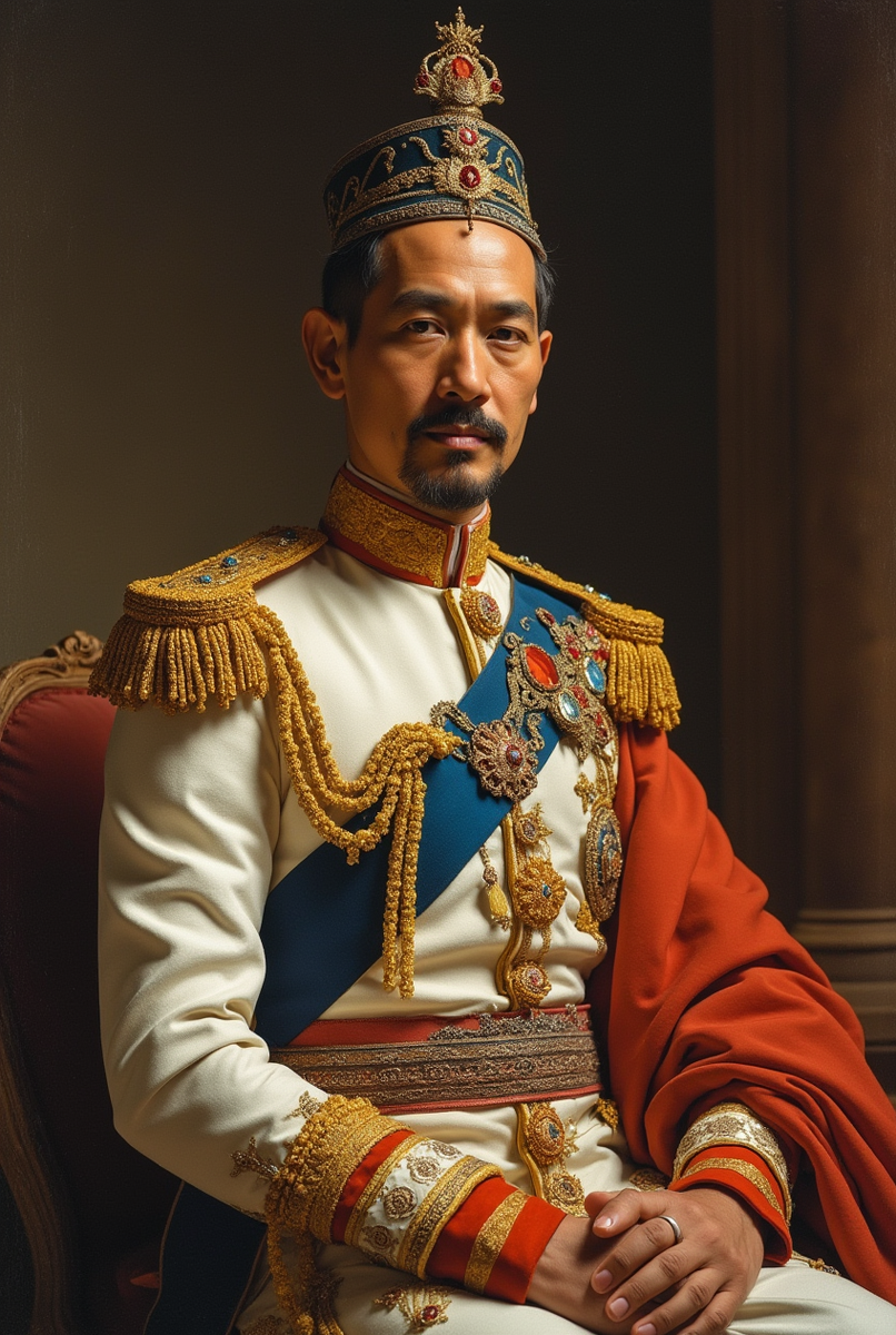 Исторический портрет короля Рамы V (Чулалонгкорна), который постепенно отменил рабство в Сиаме. Он в традиционных королевских одеждах, что подчеркнет контраст между восточными традициями и прогрессивными реформами.