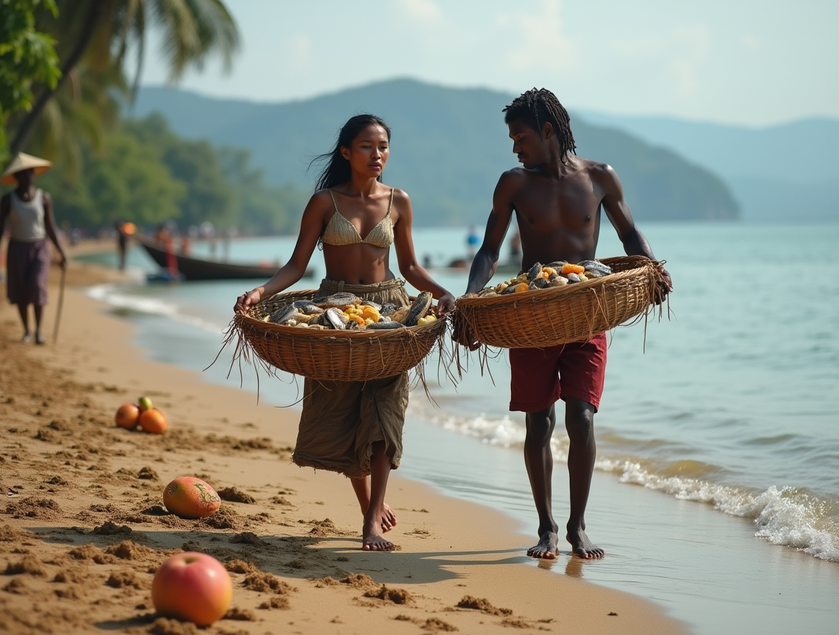 Тайские рабы несут тяжелые корзины с морепродуктами от лодки с рыбаками в дом своего хозяина.