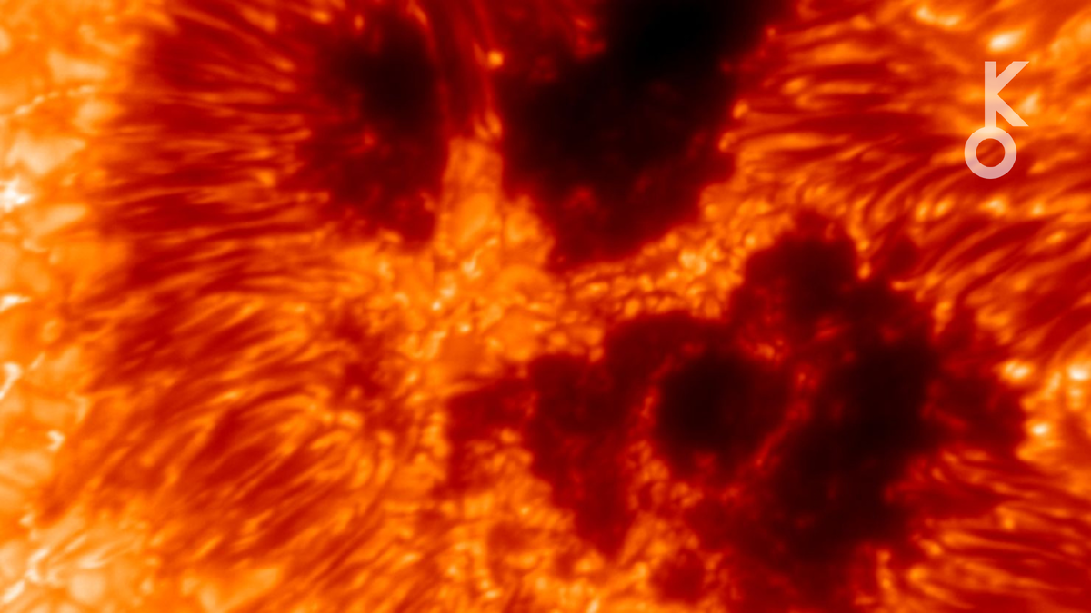 Крупный план поверхности Солнца, полученный с помощью солнечного телескопа Дэниела К. Иноуэ из Национального научного фонда, показывает магнитную активность вокруг группы солнечных пятен