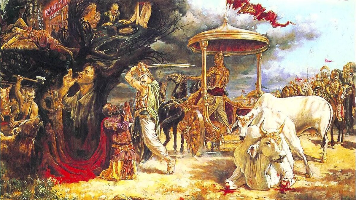 Кали просит пощады у царя Парикшита стоя на коленях, посреди поля битвы
