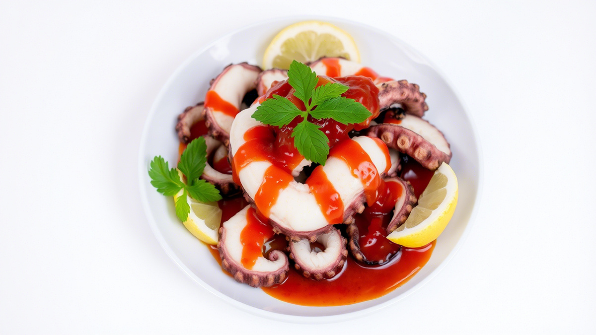 Осьминог с соусом из красного перца