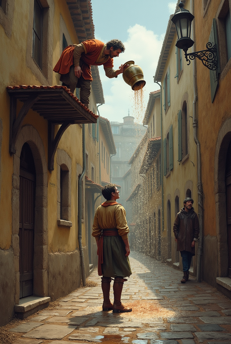 Средневековый гражданин идет по своим делам, на свидание с дочкой трактирщика или на работу на мельцу и тут слышит откуда-то сверху крик, Берегись...