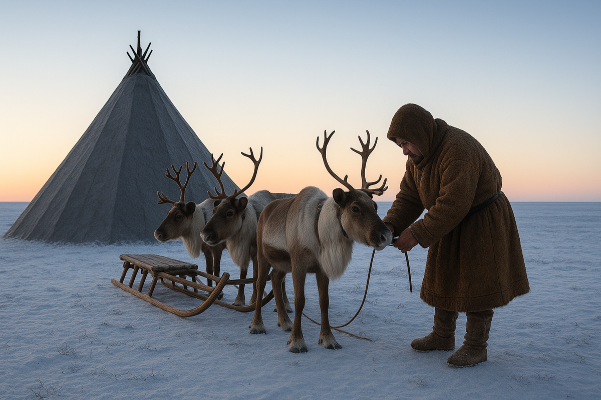 Это и есть тундровый "гараж": вместо машины — упряжка, вместо дома — чум.