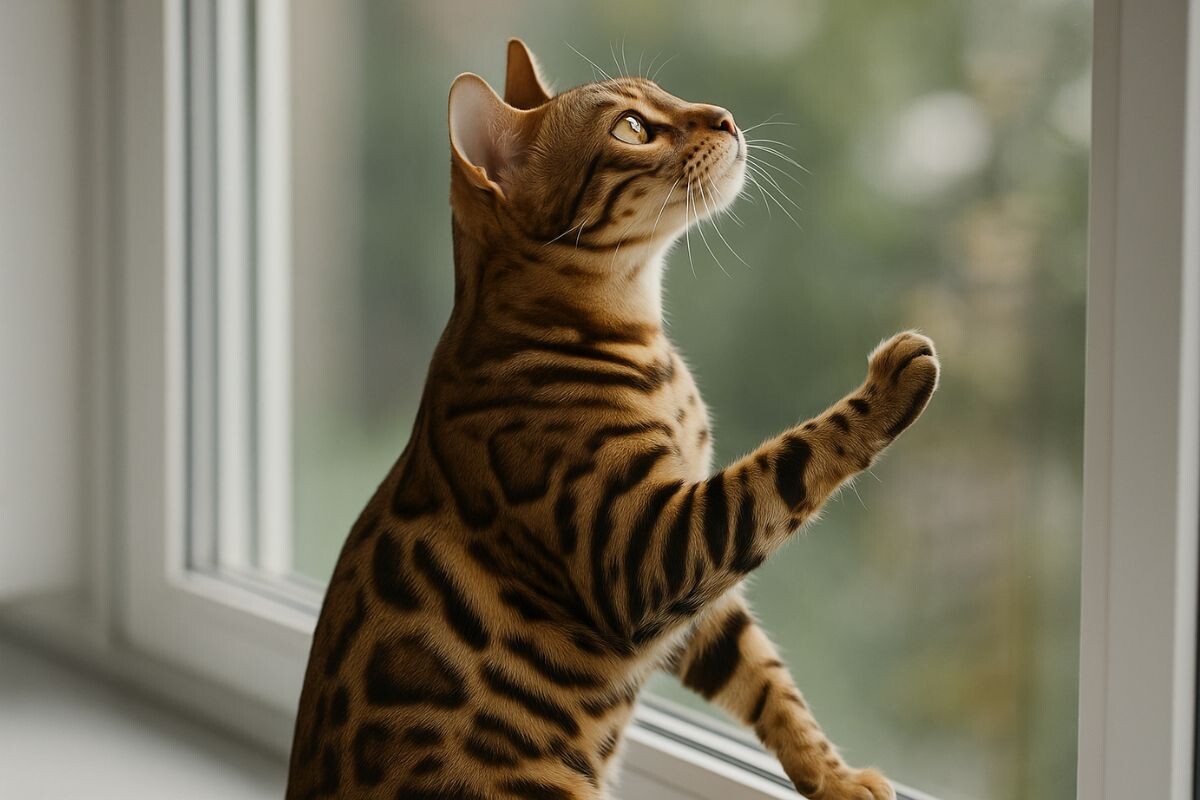 Котик трогает лапой окно 