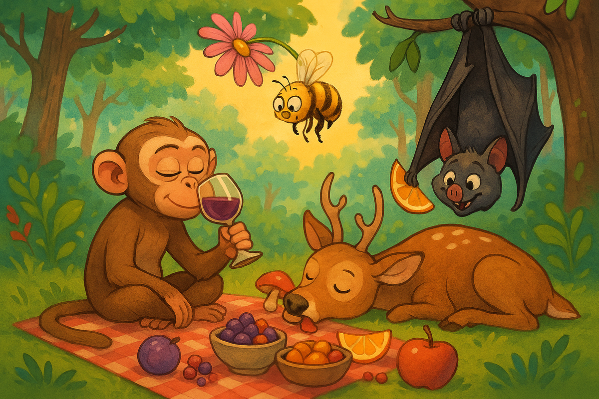 Коллаж "пьяных" животных на лесном пикнике — обезьяна, пчела, олень и летучая мышь наслаждаются забродившими фруктами. 