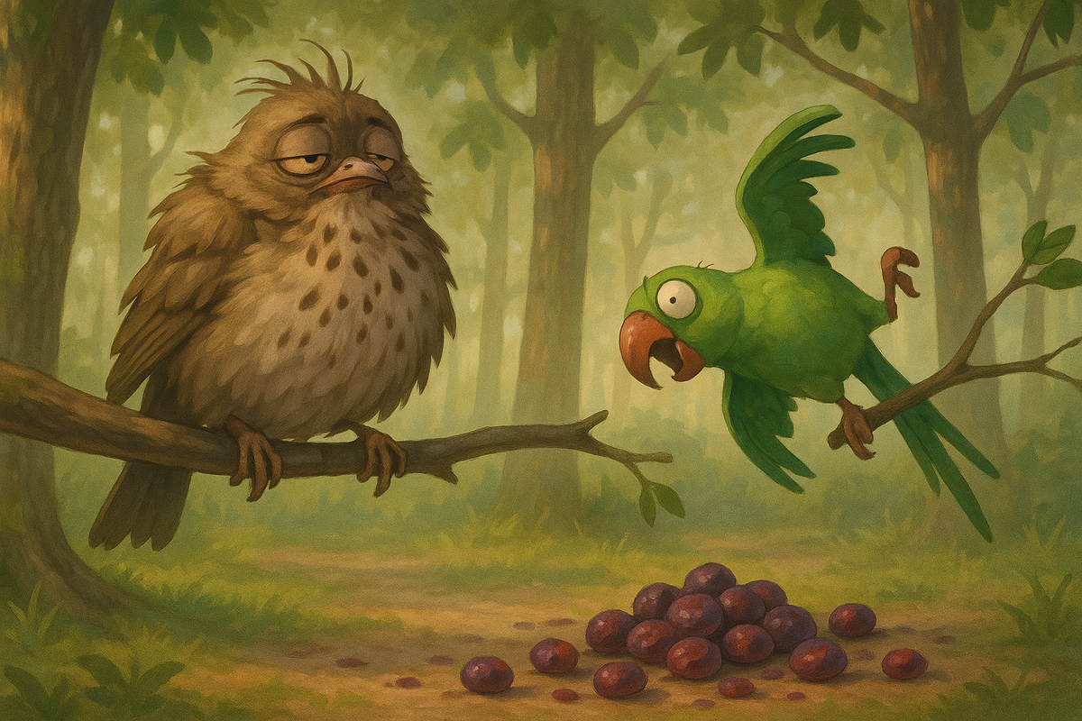 Птицы не справились с ягодами — дрозд и попугай теряют равновесие на ветке. Иллюстрация к тому, как перебродившие плоды влияют на пернатых.