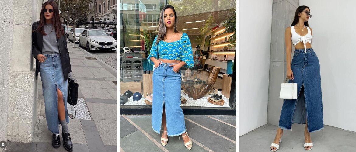 Три стильных образа с длинной джинсовой юбкой с разрезом спереди: девушка в юбке с пиджаком и лоферами, девушка в юбке с укороченным топом и босоножками, и еще один летний лук с белым кроп-топом