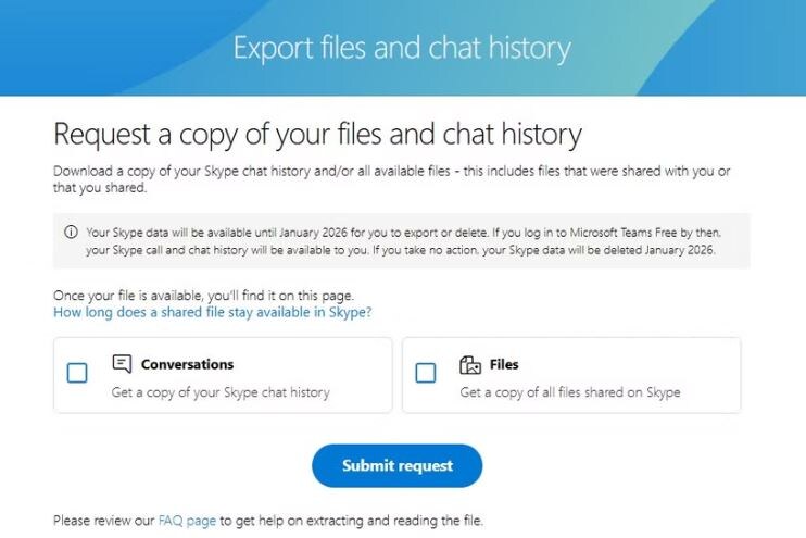 страница экспорта данных Skype