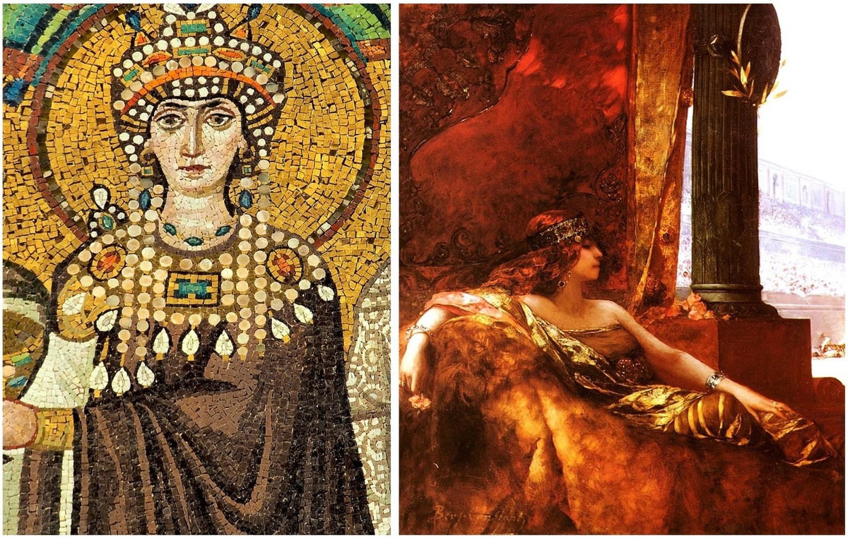 Императрица Феодора (мозаика в базилике Сан-Витале) и она же в ложе цирка (худ. Ж. Констан, конец XIX века)