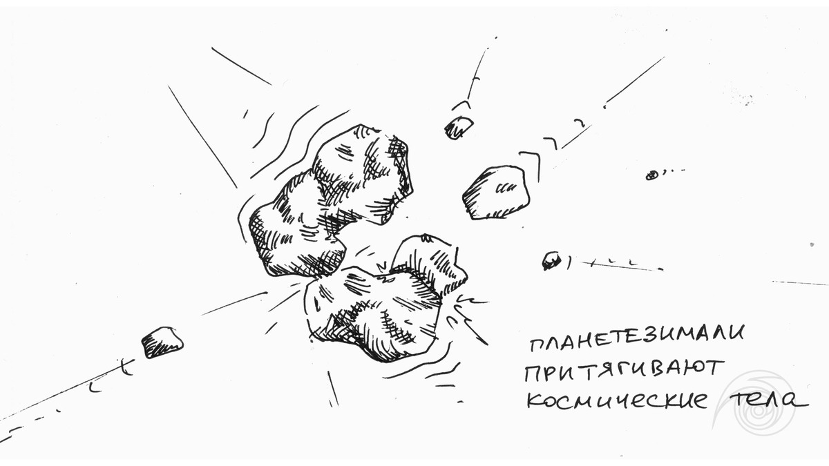 Космические каменистые тела сталкиваются друг с другом, формируя более крупные объекты.