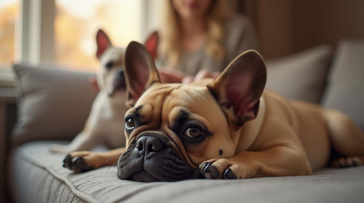 Французский бульдог лежит на диване