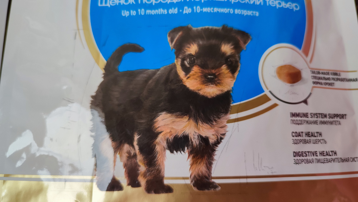 Кутенок Йорка на упаковке корма.