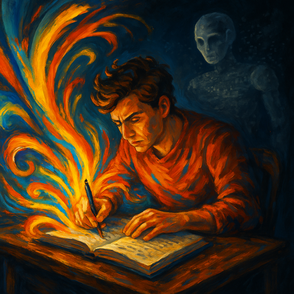 Молодой писатель, сосредоточенно выводящий строки в потёртом блокноте. Из-под его пера вырываются яркие вихри оранжево-золотых красок, символизирующие живую, человеческую мысль. На заднем плане едва различима блеклая фигура робота, словно сотканная из цифрового кода и постепенно растворяющаяся в темноте. Контраст сочных тепловатых оттенков на переднем плане и холодной, тусклой гаммы позади подчёркивает идею статьи: человеческое творчество вспыхивает ярче и глубже, чем бездушный, «серый» текст, генерируемый ИИ.