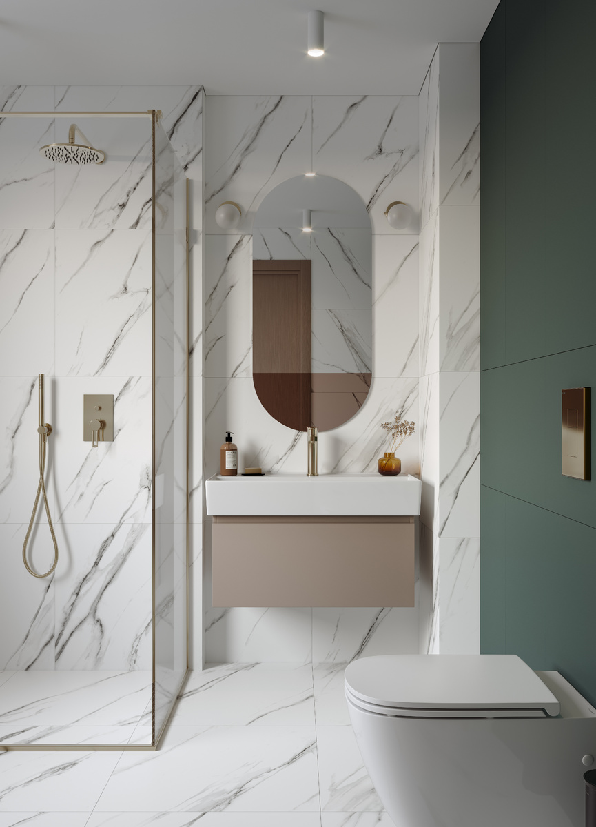 Ванная комната с акцентной зеленой стеной и керамогранитом Butik K-2020 в формате 600х600 мм