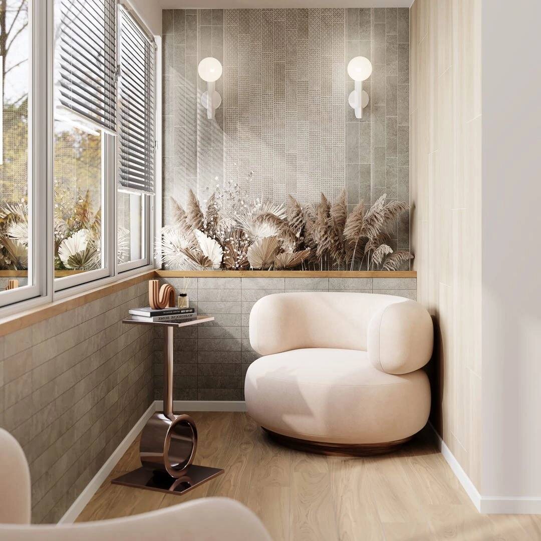 На стене - керамическая плитка серии "Борго" от KERAMA MARAZZI 8,5*28,5 см на полу керамогранит с фактурой дерева.