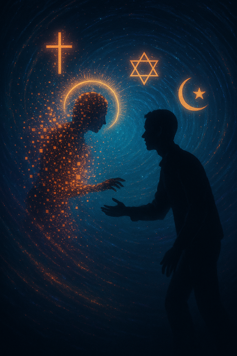 Силуэт мужчины протягивает руку к любимой, которая рассыпается в неоновые пиксели и окружена сияющими религиозными символами — визуальный образ того, как ИИ-созданные духовные видения уводят близких в цифровые иллюзии, разрывая реальные отношения.