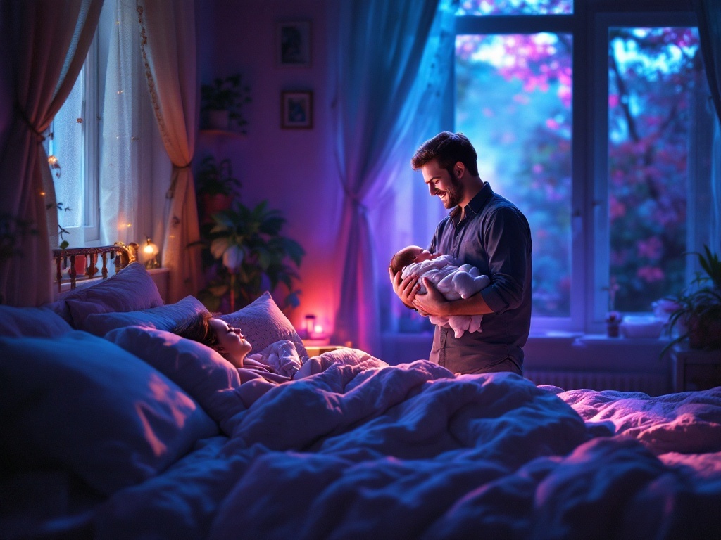    К чему такое снится: На картине изображен мужчина, стоящий и улыбающийся, держащий на руках большого новорожденного мальчика. Кругом яркий день, возможно, они находятся в уютной комнате