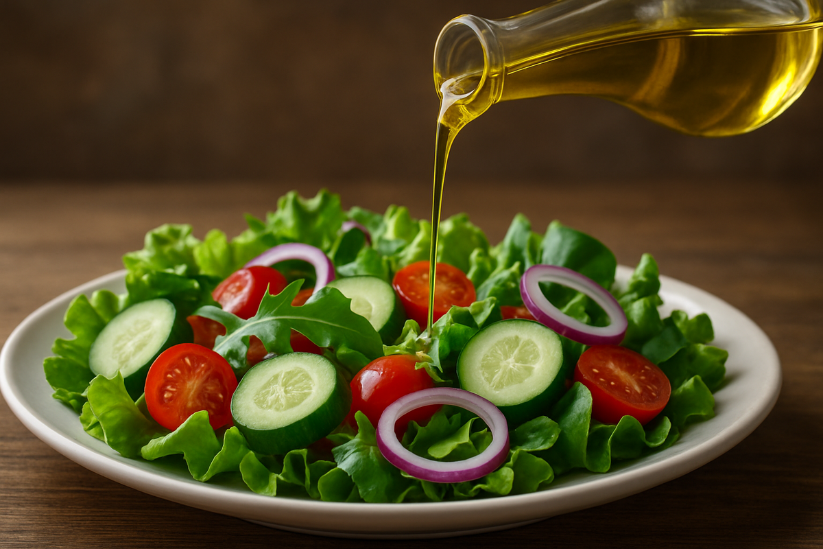 Оливковое масло мягко льётся на свежий салат с листьями салата, помидорами черри, огурцами и кольцами красного лука. Уже только от этого хочется приготовить что-то вкусное!