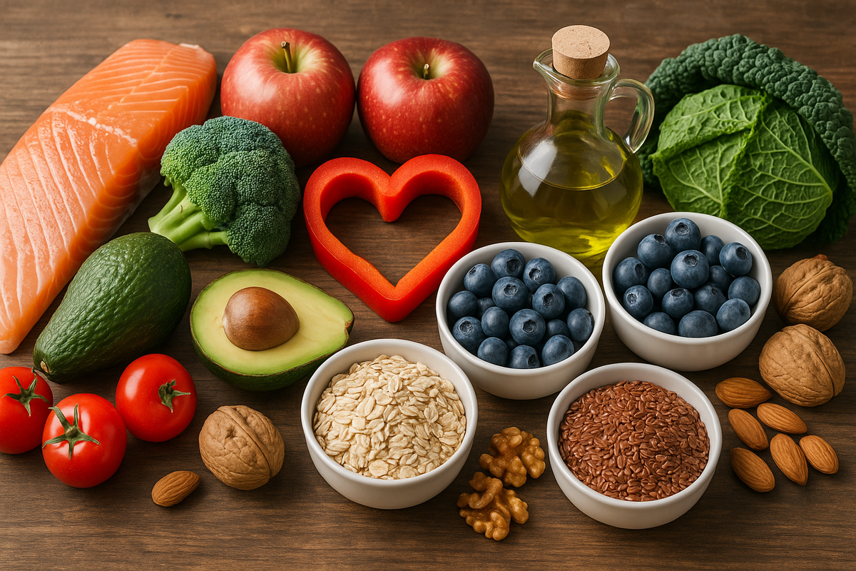 Продукты, полезные для сердца: лосось, авокадо, яблоки, брокколи, голубика, овсянка, льняные семена, грецкие орехи, миндаль, помидоры, оливковое масло, красный перец
