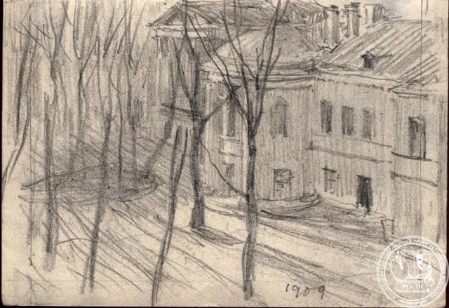 А.Н. Бенуа. Дворец Бобринских. Вид из нашей столовой. 1909 г. РГАЛИ. Ф. 938. Оп. 3. Рисунок. Б., графитный карандаш.