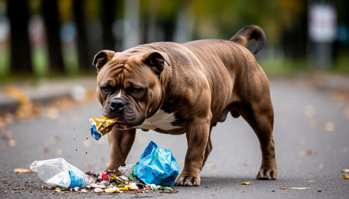 Американский булли ест мусор