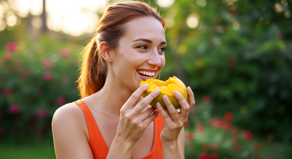 Счастливая девушка кушает манго