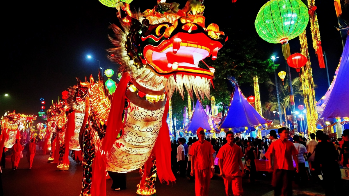 На Лунный Новый год (Тэт) во Вьетнаме устраиваются танцы дракона. Этот праздник называется Тэт Нгуен Дан, и он является одним из самых важных и ярких событий в стране. Танец дракона символизирует удачу, процветание и изгнание злых духов. Участники танца двигаются синхронно, изображая движения мифического существа, чтобы привлечь благополучие и счастье в новом году
