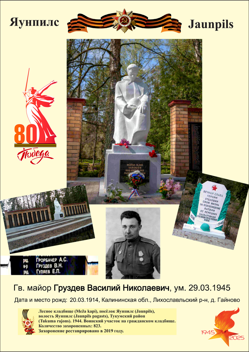 Братское  Лесное кладбище (Meža kapi), в 125 метрах юго-западнее хутора Приедниеки), в 2-х км. от посёлка Яунпилс (Jaunpils), Латвийская республика
