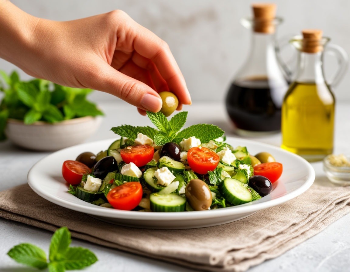 Салат из огурца с черри, фетой м маслинами