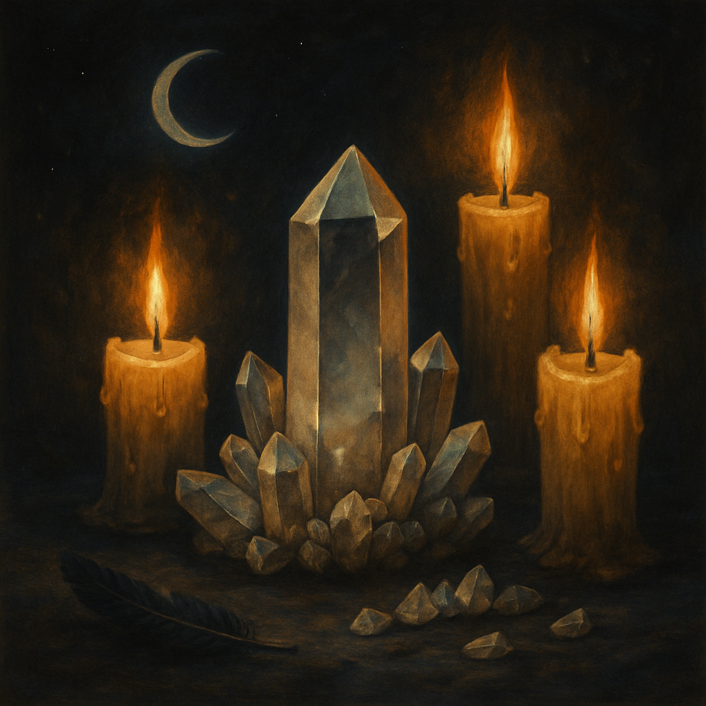 Таинственная ночь с кристаллами и свечами