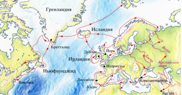 Карта: маршрут викингов от Исландии до Винланда.