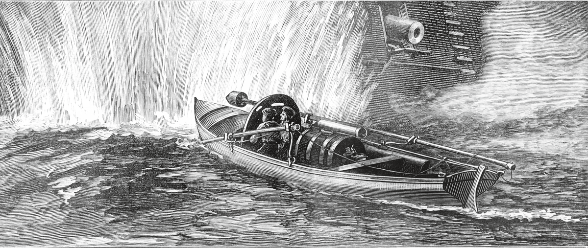 Баркас, вооруженный шестовыми минами, атакует корабль неприятеля