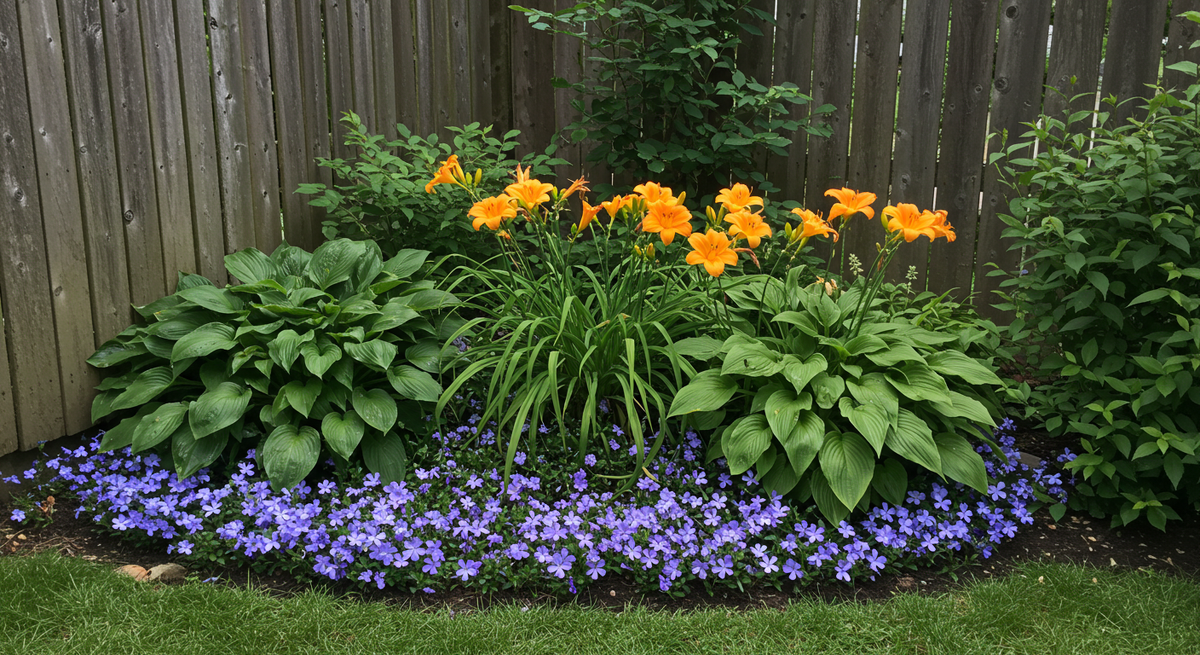 Ленивый сад из барвинка, хост и лилейников