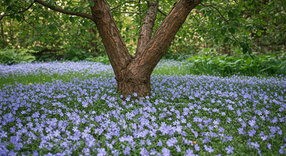 Через год барвинок занял все пространство под деревом
