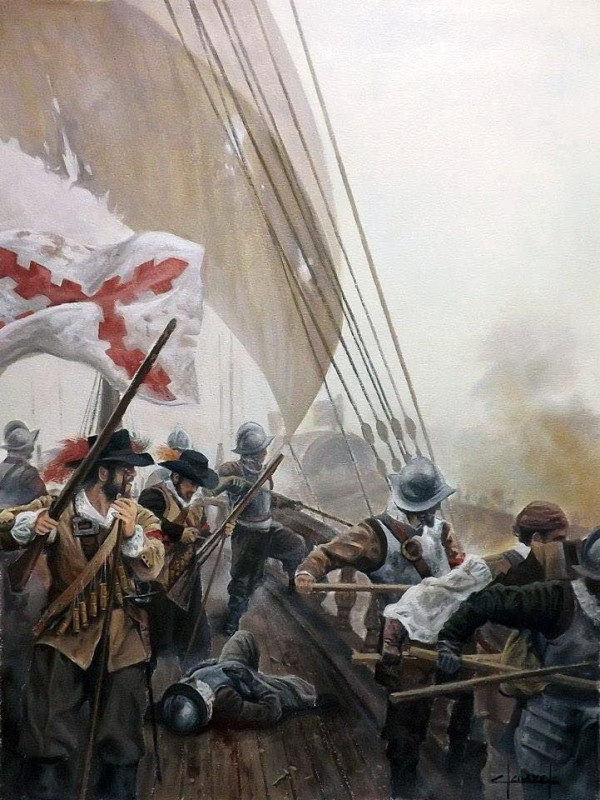 Испанские морпехи в бою на борту корабля. Современная реконструкция. Есть основания полагать, что снаряжение ирландцев на Испанском флоте ничем не отличалось от всех остальных.