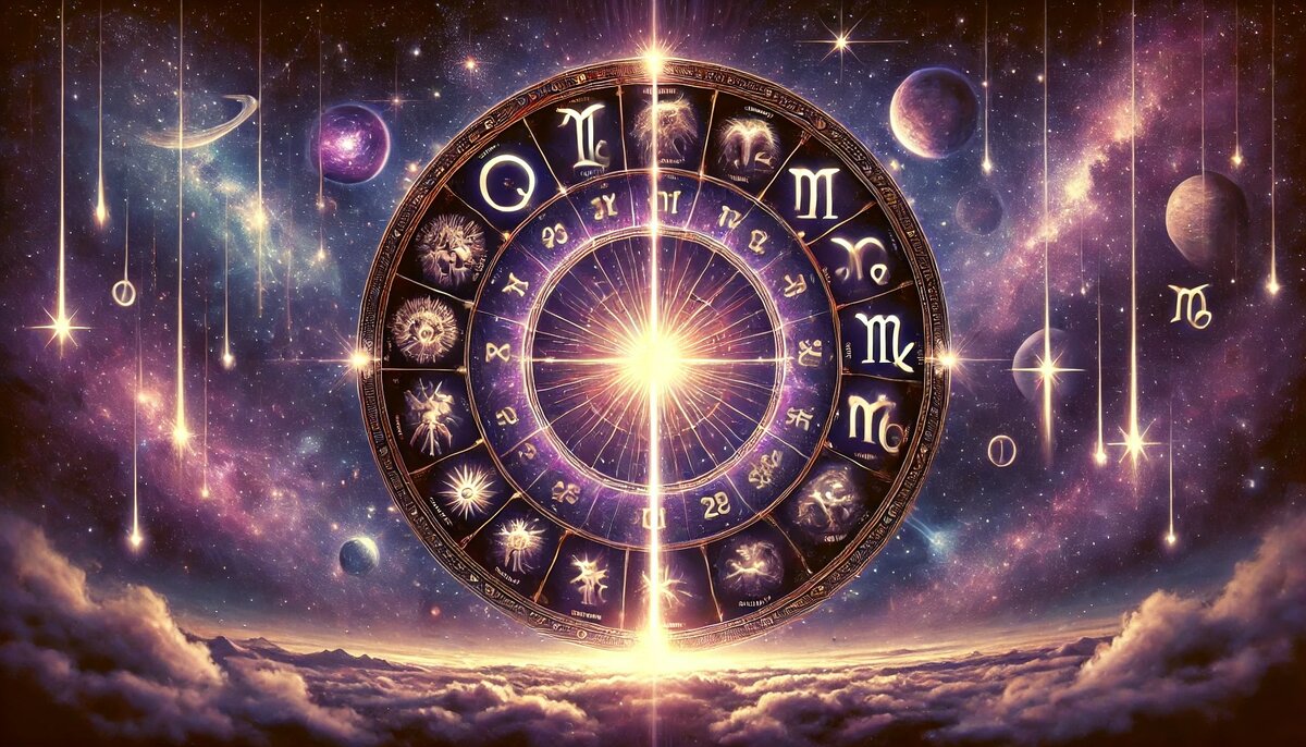 Иллюстрация «гороскоп на сегодня» с планетами, звёздами и мистической атмосферой.