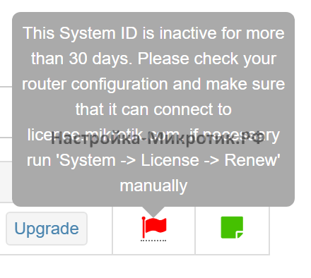 This System ID is inactive for more than 30 days. Please check your router configuration and make sure that it can connect to licence.mikrotik.com, if necessary run ‘System -> License -> Renew’ manually
