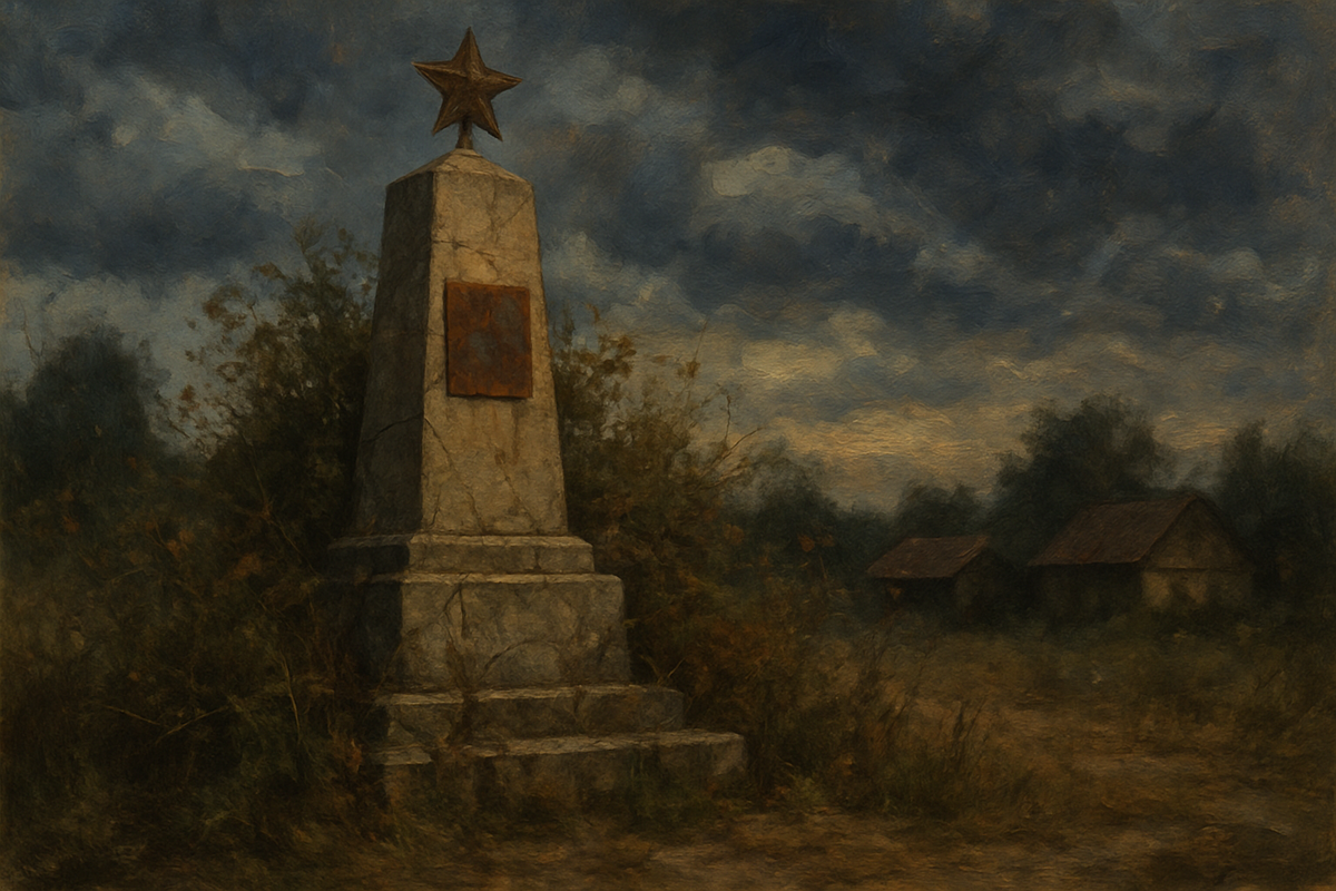 Заросший памятник ВОВ с ржавой табличкой — живописный образ забытой памяти на окраине

