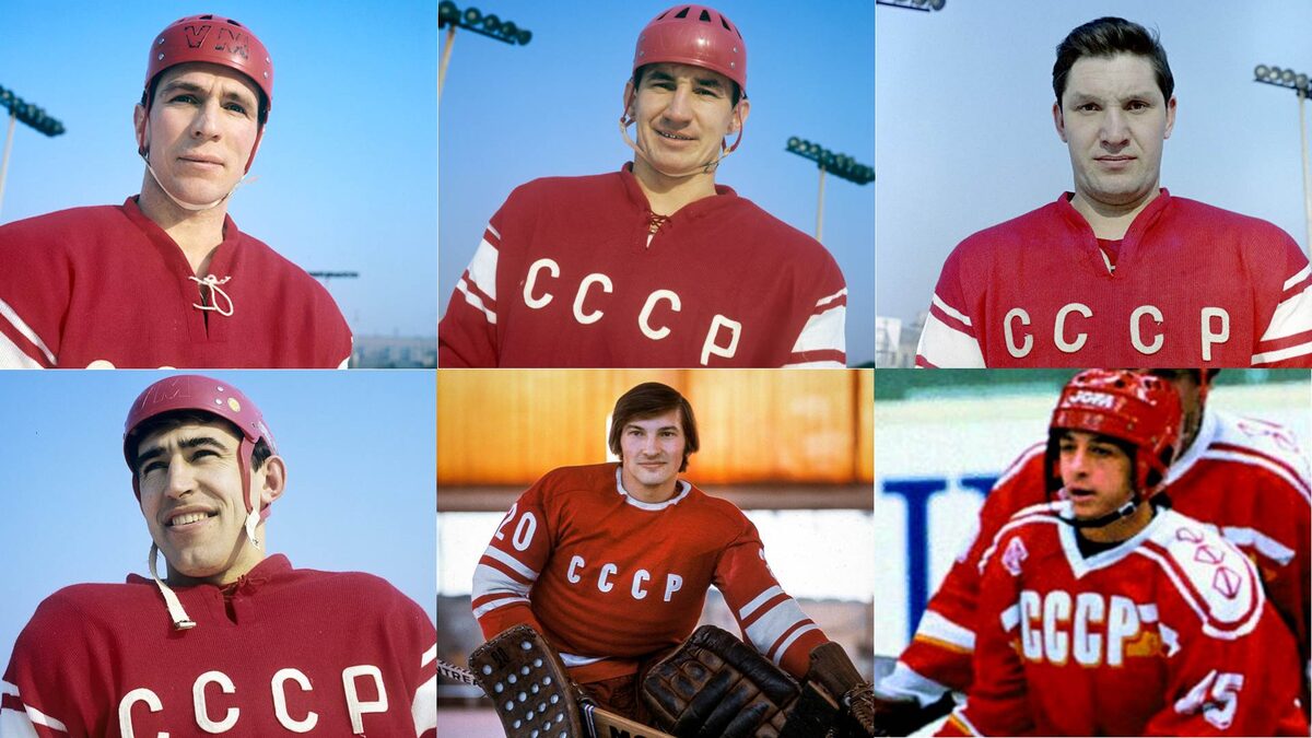 Трёхкратные чемпионы Олимпийских игр по хоккею с шайбой Виталий Давыдов, Виктор Кузькин, Александр Рагулин, Анатолий Фирсов, Владислав Третьяк, Андрей Хомутов