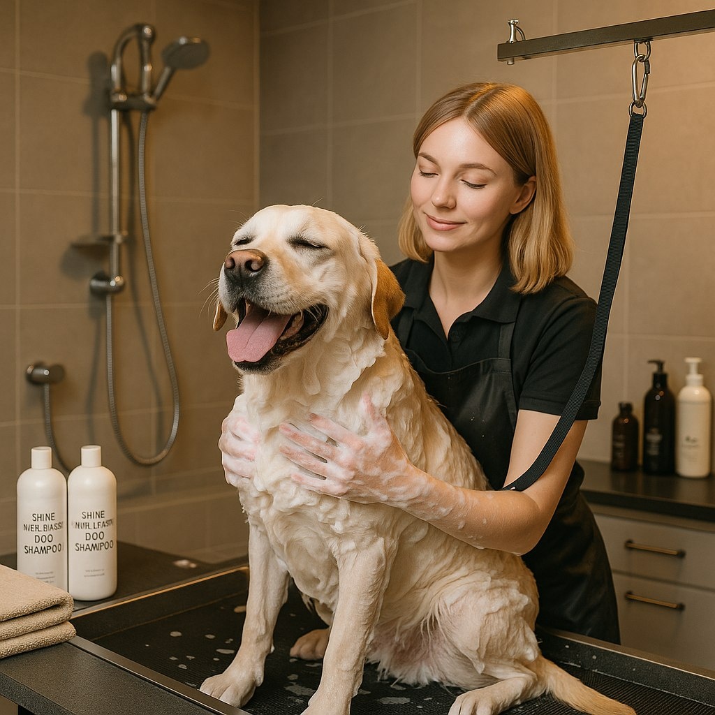 довольный лабрадор с груммером 