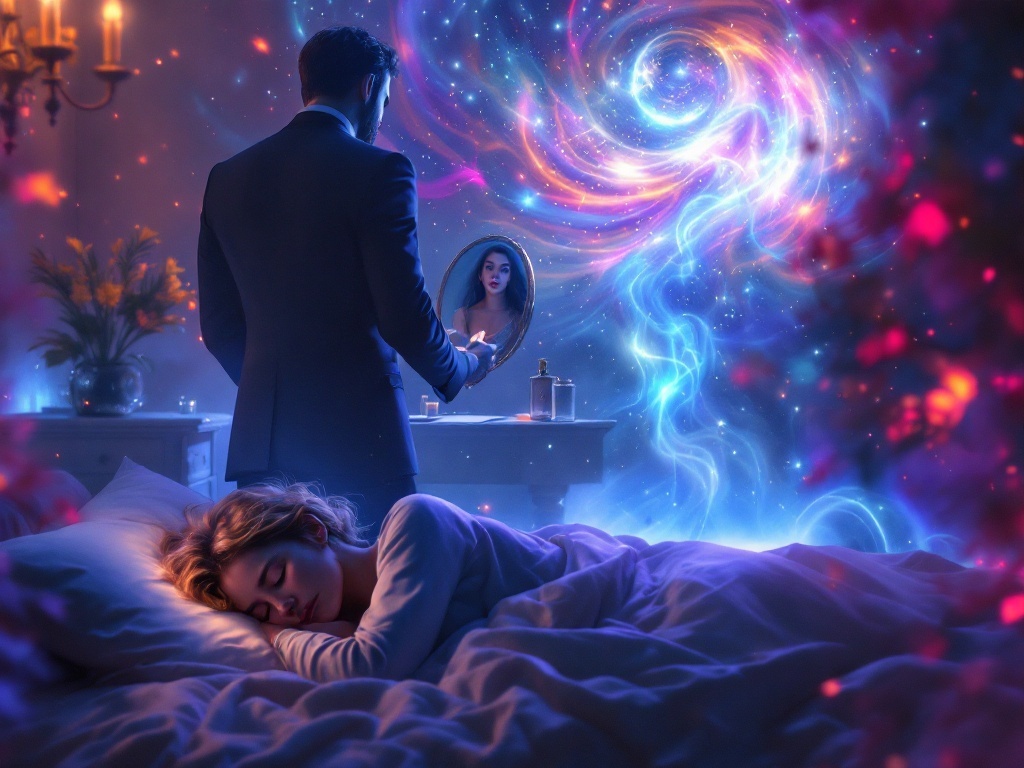   К чему такое снится: Мужчина в нарядном костюме стоит у зеркала, наносит одеколон. На заднем плане на столе лежит пригласительный билет на праздник. В комнате присутствует женщина с удив
