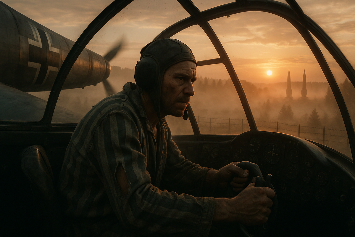 Михаил Девятаев в кабине угнанного немецкого бомбардировщика. За спиной — ракеты «Фау-2», впереди — рассвет и свобода