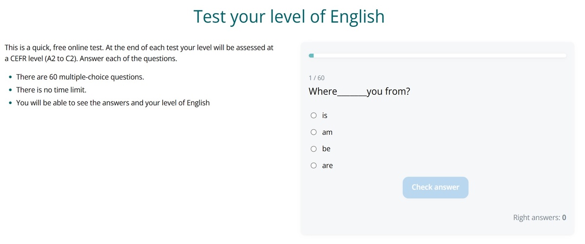 Примеры онлайн тестов. Можно найти разные, чтобы протестировать не только грамматику и словарный запас, но и чтение, аудирование