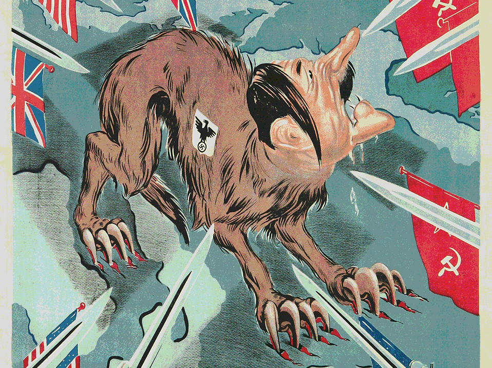 «Всё ближе грозные штыки...» (Окно ЛЕНТАСС). Худ. Павел Павлович Магнушевский. Текст Виссариона Михайловича Саянова. Л., 1944.